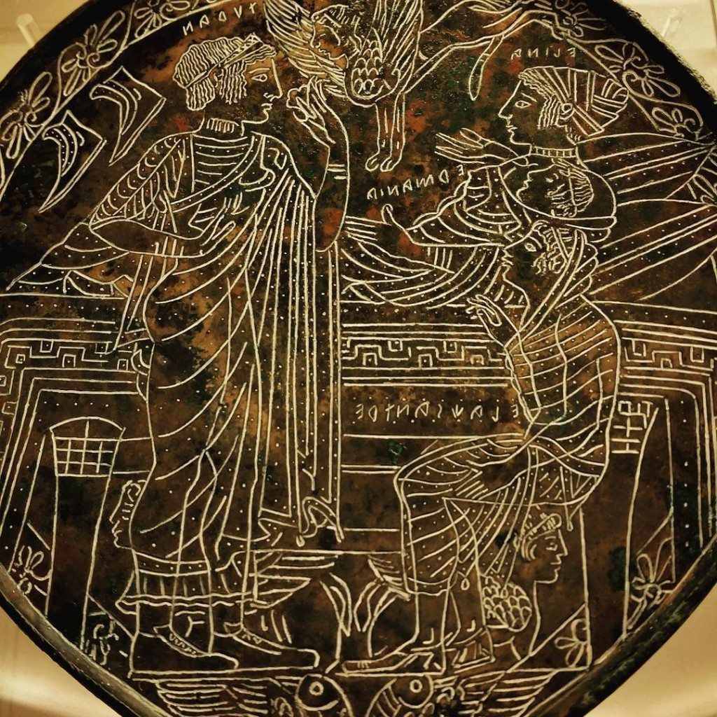 Etruscan mirror, c. 475-450 BCE. The inscription says: "Turan Elena Hermione Alexander." Seen during our Rome visit.