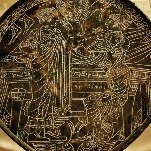 Etruscan mirror, c. 475-450 BCE. The inscription says: "Turan Elena Hermione Alexander." Seen during our Rome visit.