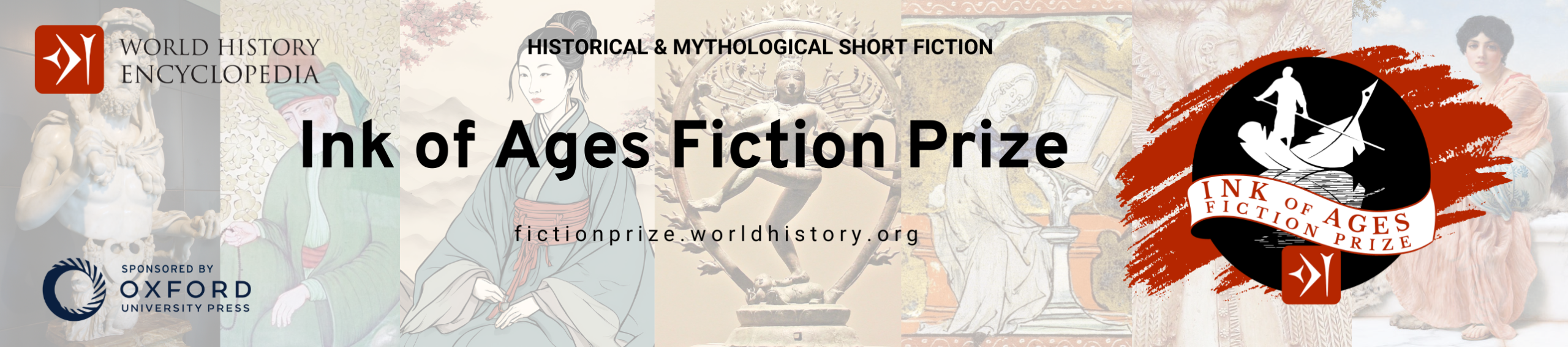 Ink of Ages Fiction Prize banner with global historical figures in the background